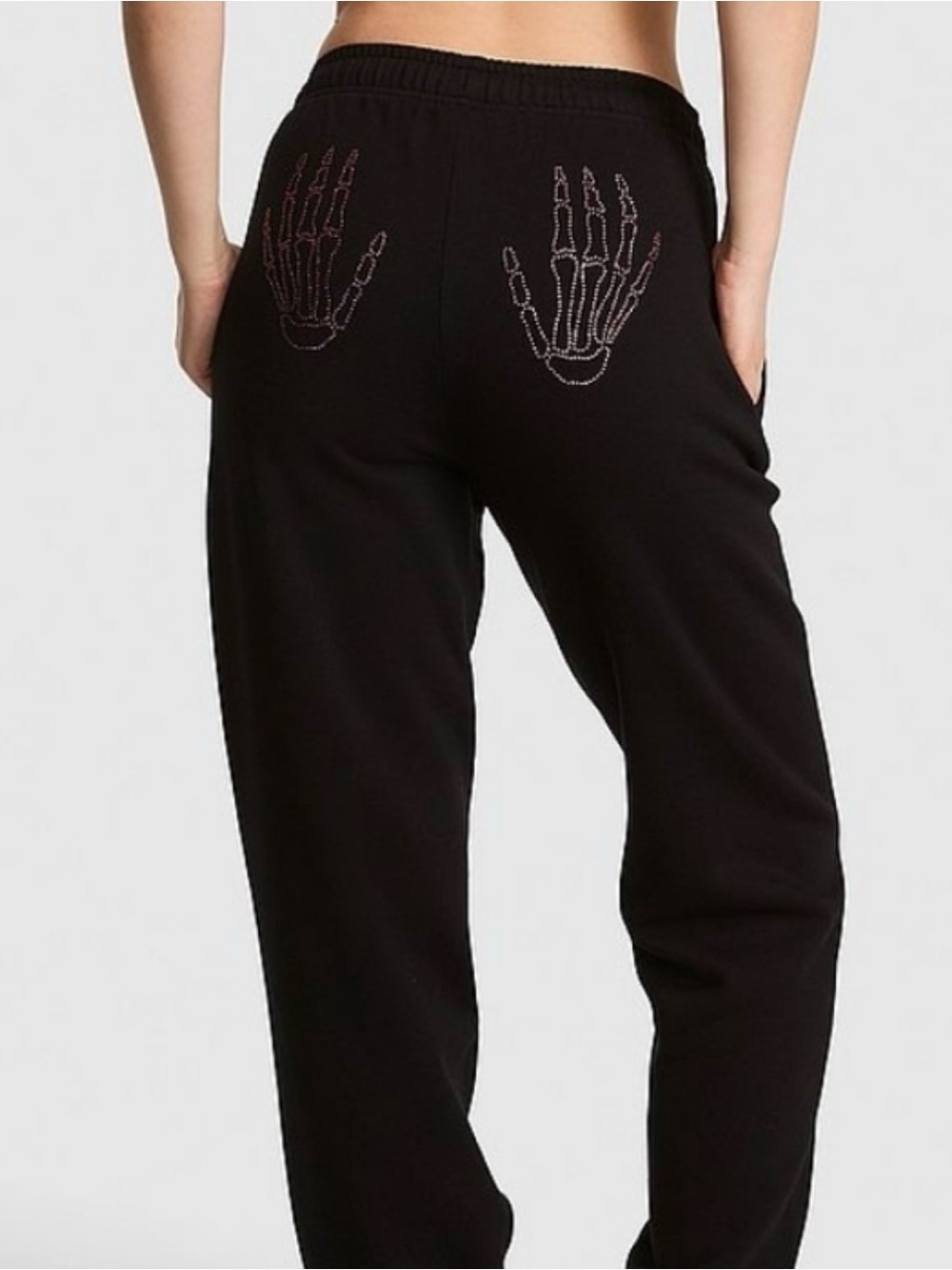 PINK Victoria's Secret Black Joggers with Skeleton Hands detail